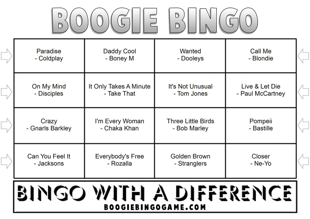 Example Game 9 Boogie Bingo card with music hits