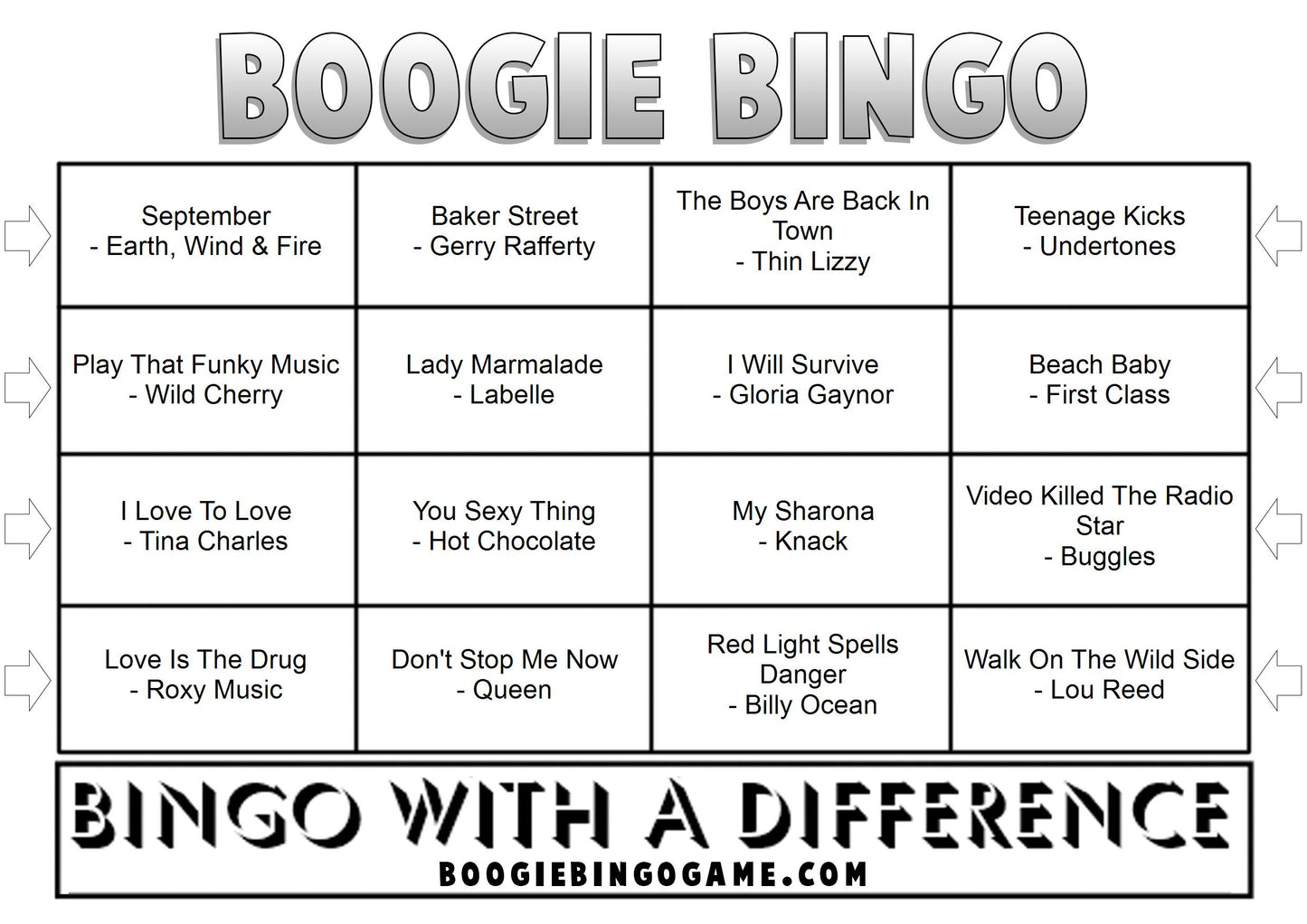 Game 4 | 70s Hits | Boogie Bingo | Printed Music Bingo Tickets