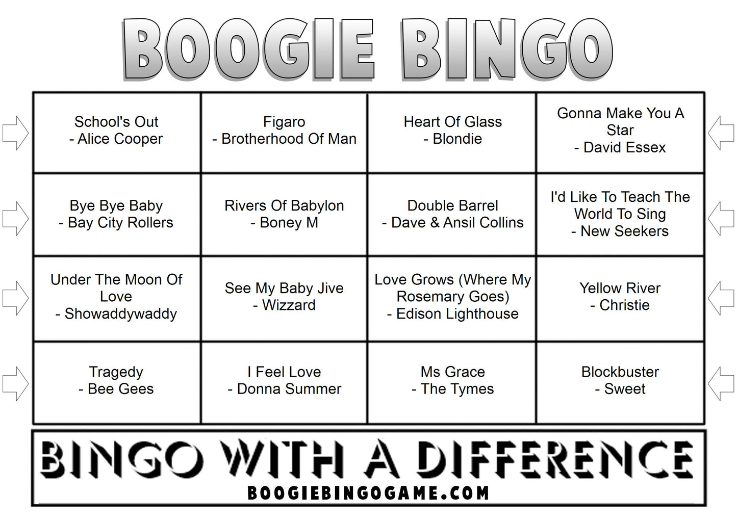 Game 36 | 70s Number Ones | Boogie Bingo | Printed Music Bingo Tickets