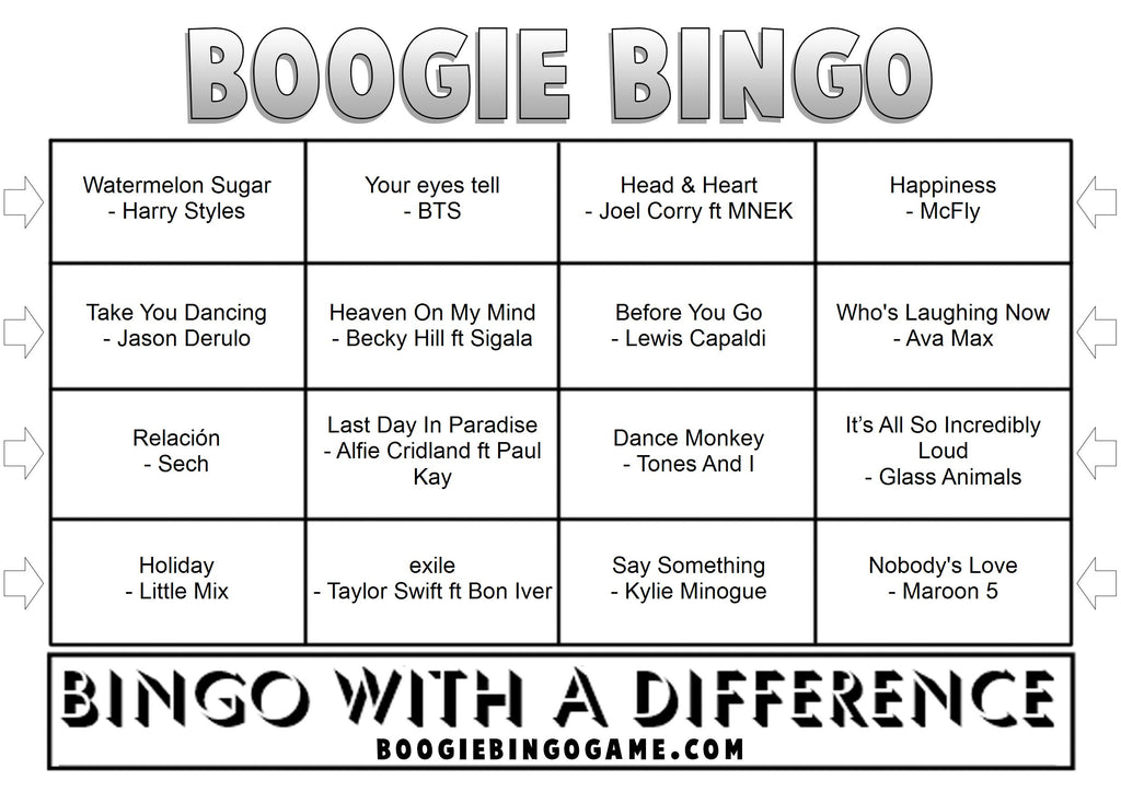 Example July 2020 music bingo card with monthly hits