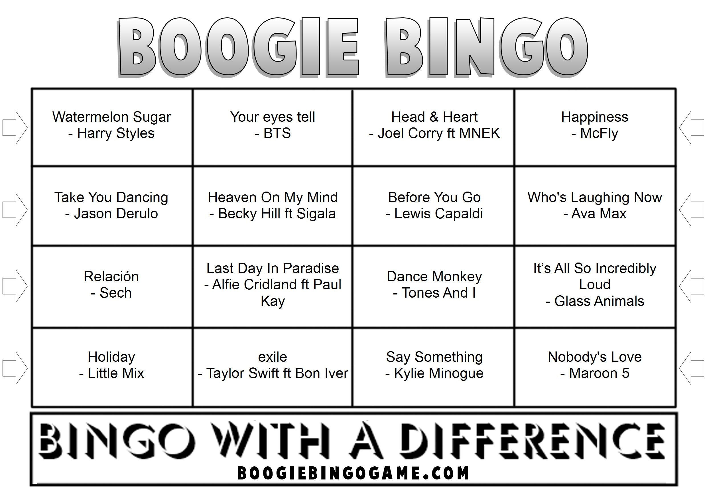 Example July 2020 music bingo card with monthly hits