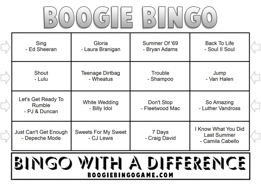 Example Game 6 Boogie Bingo card with music hits