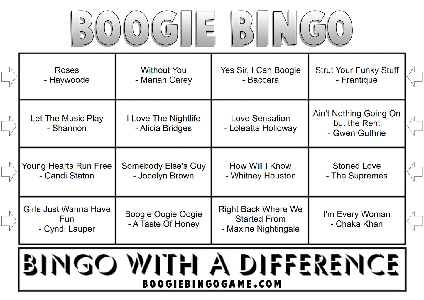 Game 62 | Disco Divas | Boogie Bingo | Printable Music Bingo Tickets
