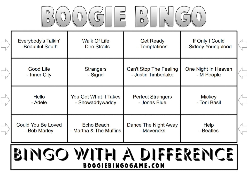 Example Game 5 Boogie Bingo card with music hits