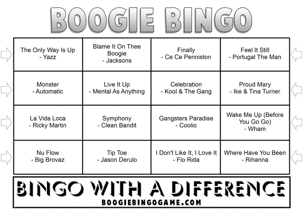 Example Game 2 Boogie Bingo card with music hits