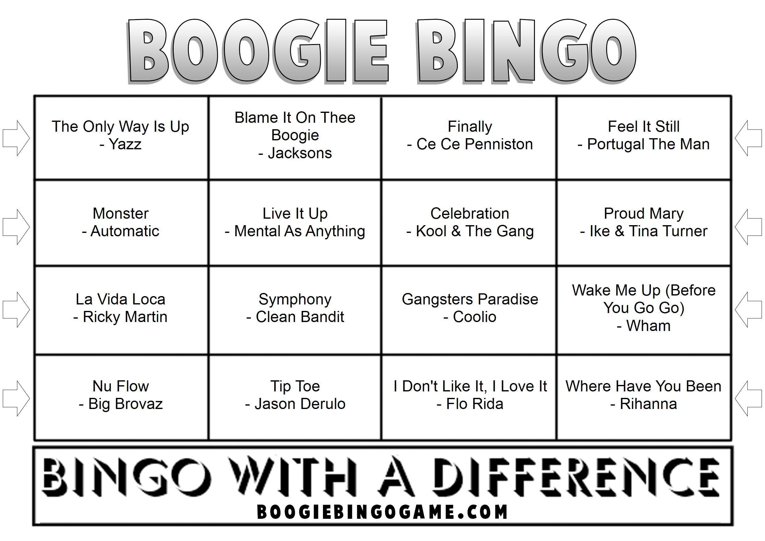 Example Game 2 Boogie Bingo card with music hits