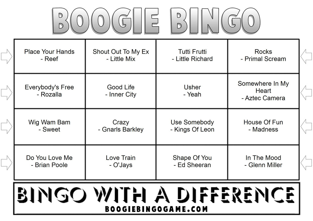 Example Game 29 Boogie Bingo card with music hits