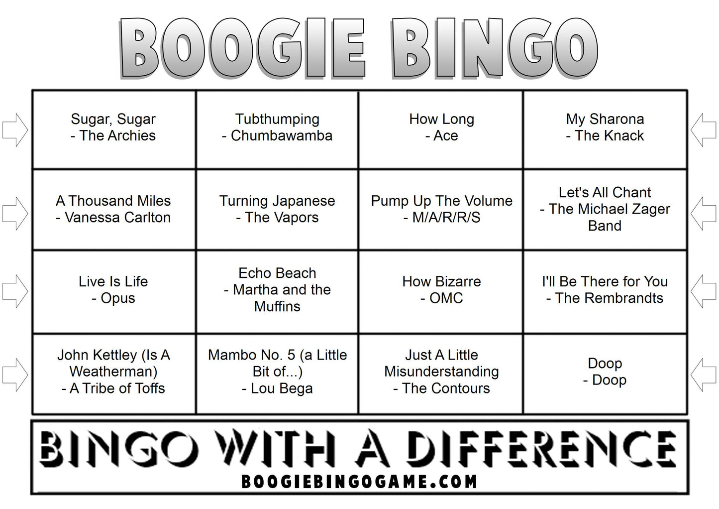 Game 85 | One Hit Wonders | Boogie Bingo | Printed Music Bingo Tickets