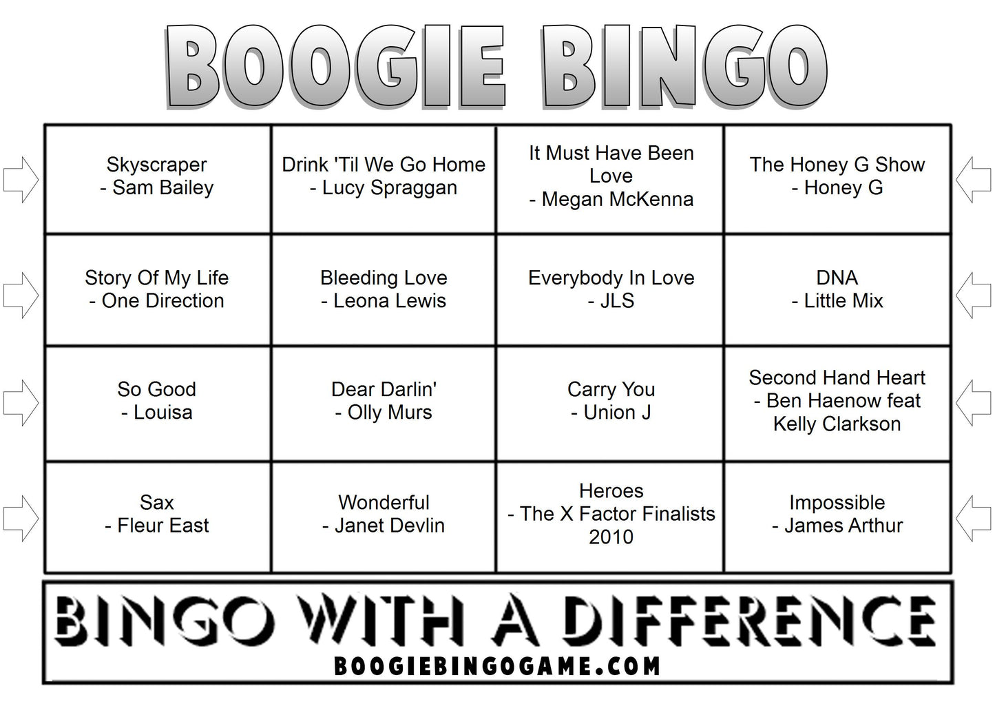 Game 52 | X-Factor Hits | Boogie Bingo | Printed Music Bingo Tickets