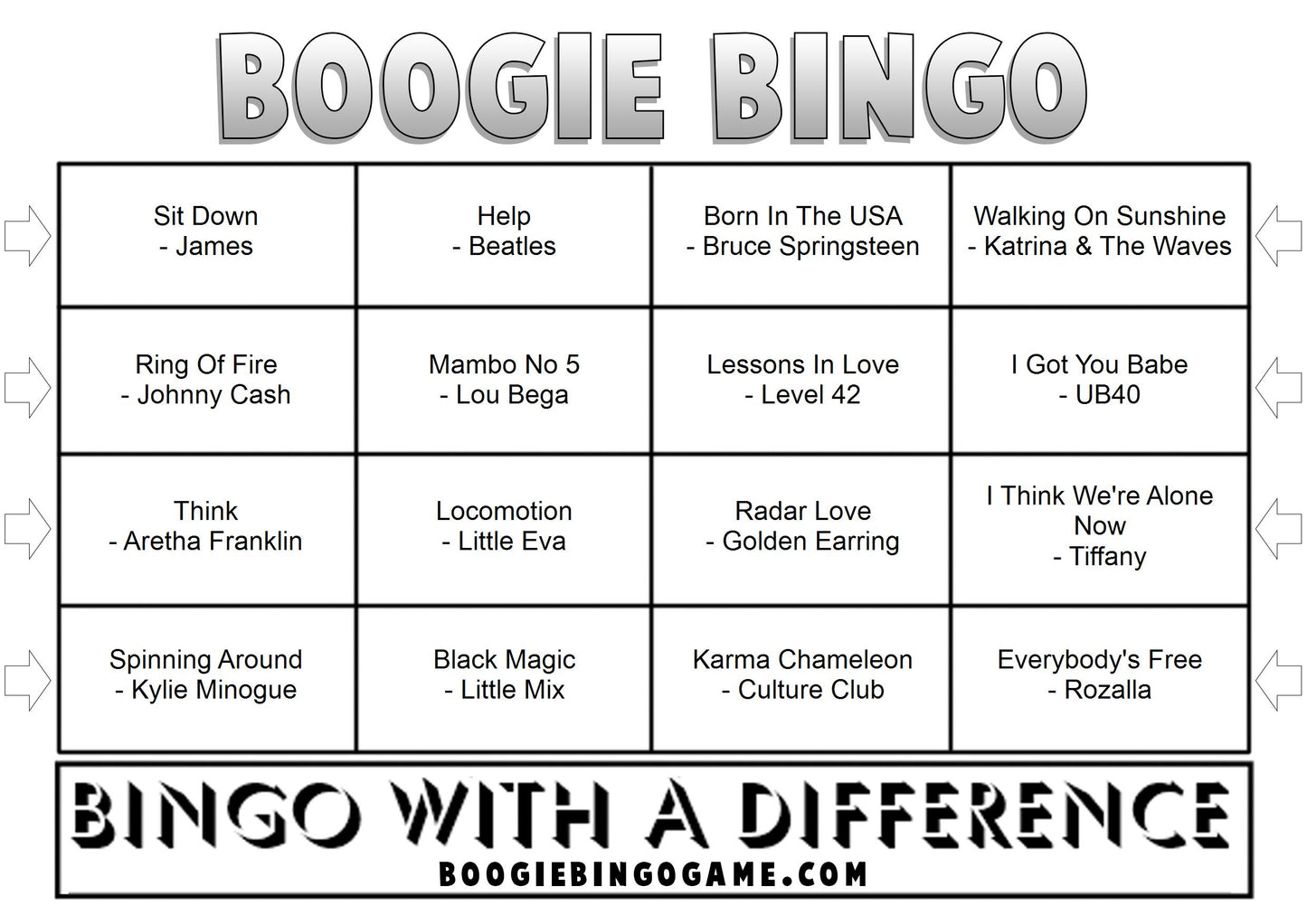 Game 28 | Boogie Bingo | Printed Music Bingo Tickets