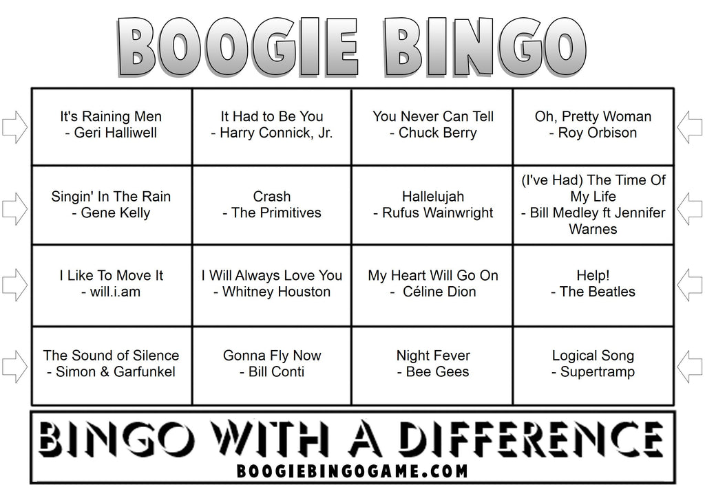 Game 57 | Movie Songs | Boogie Bingo | Printable Music Bingo Tickets