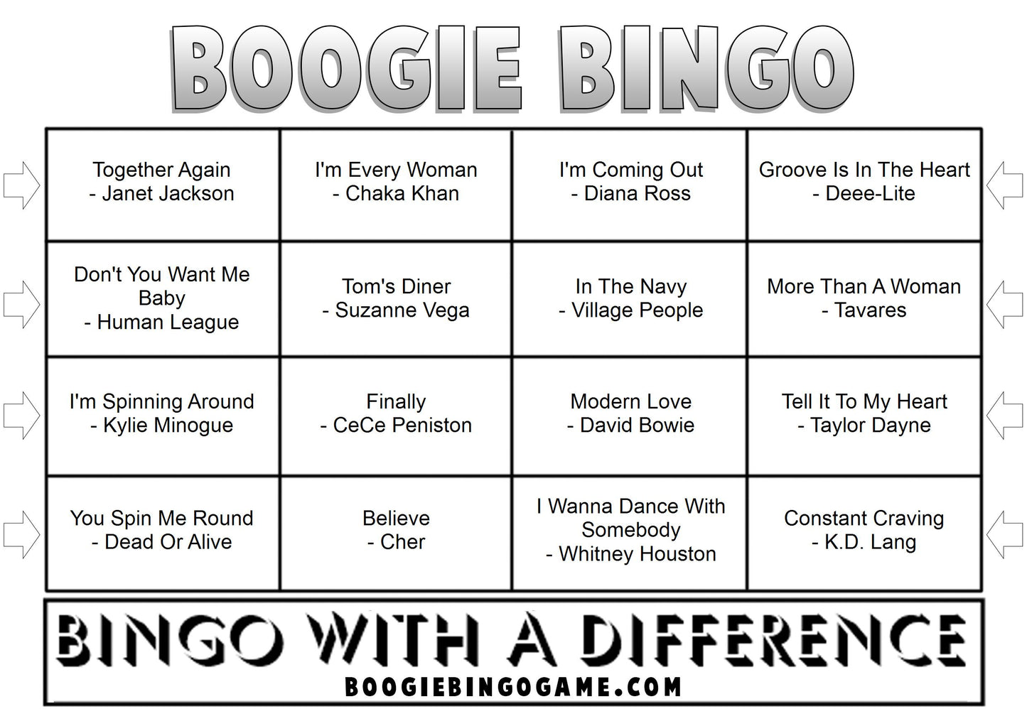 Game 41 | Pride Hits | Boogie Bingo | Printable Music Bingo Tickets