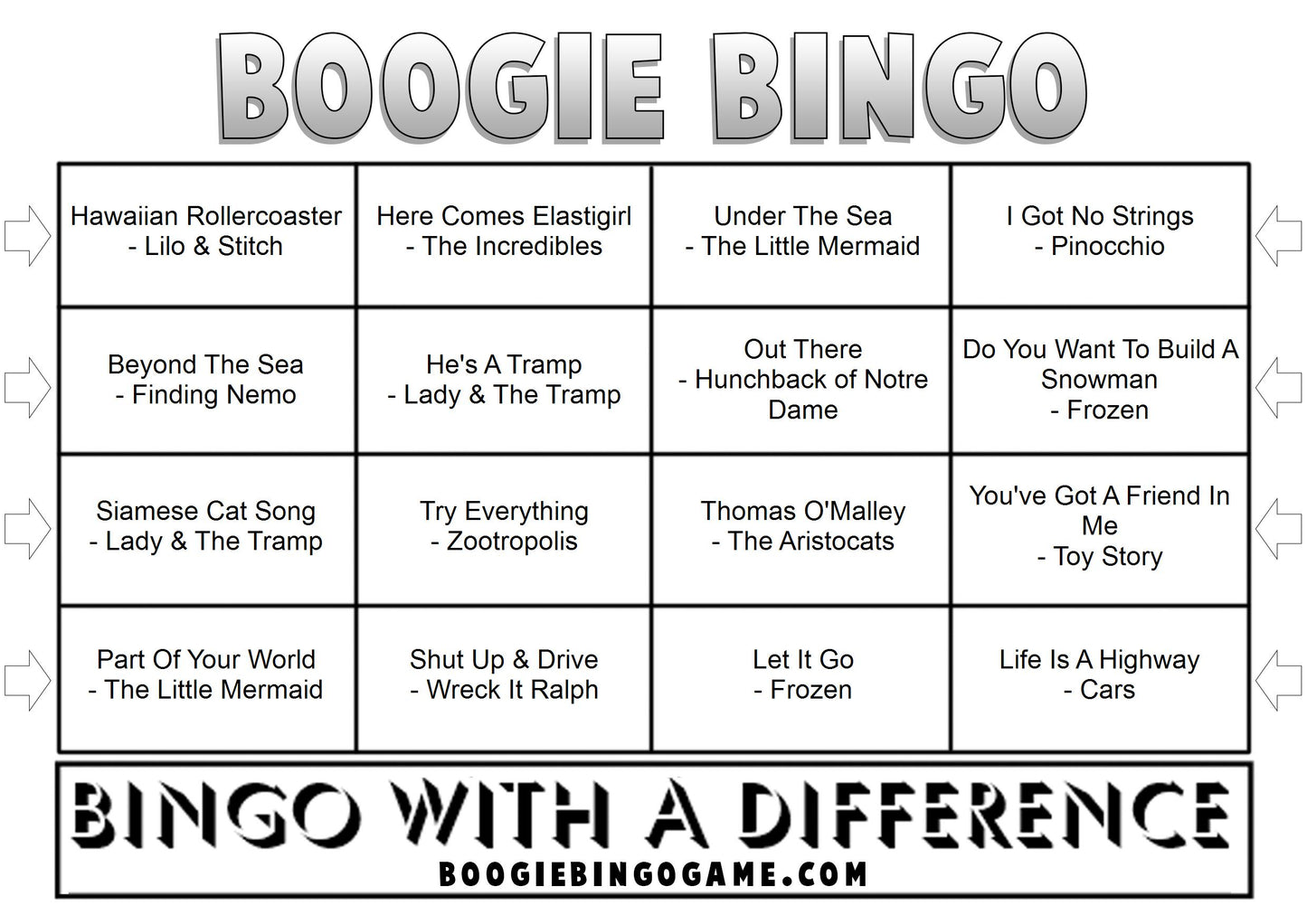 Game 22 | Disney | Boogie Bingo | Printed Music Bingo Tickets