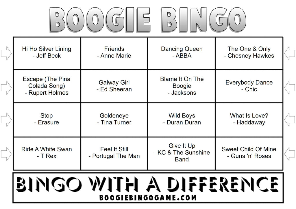 Example Game 15 Boogie Bingo card with music hits