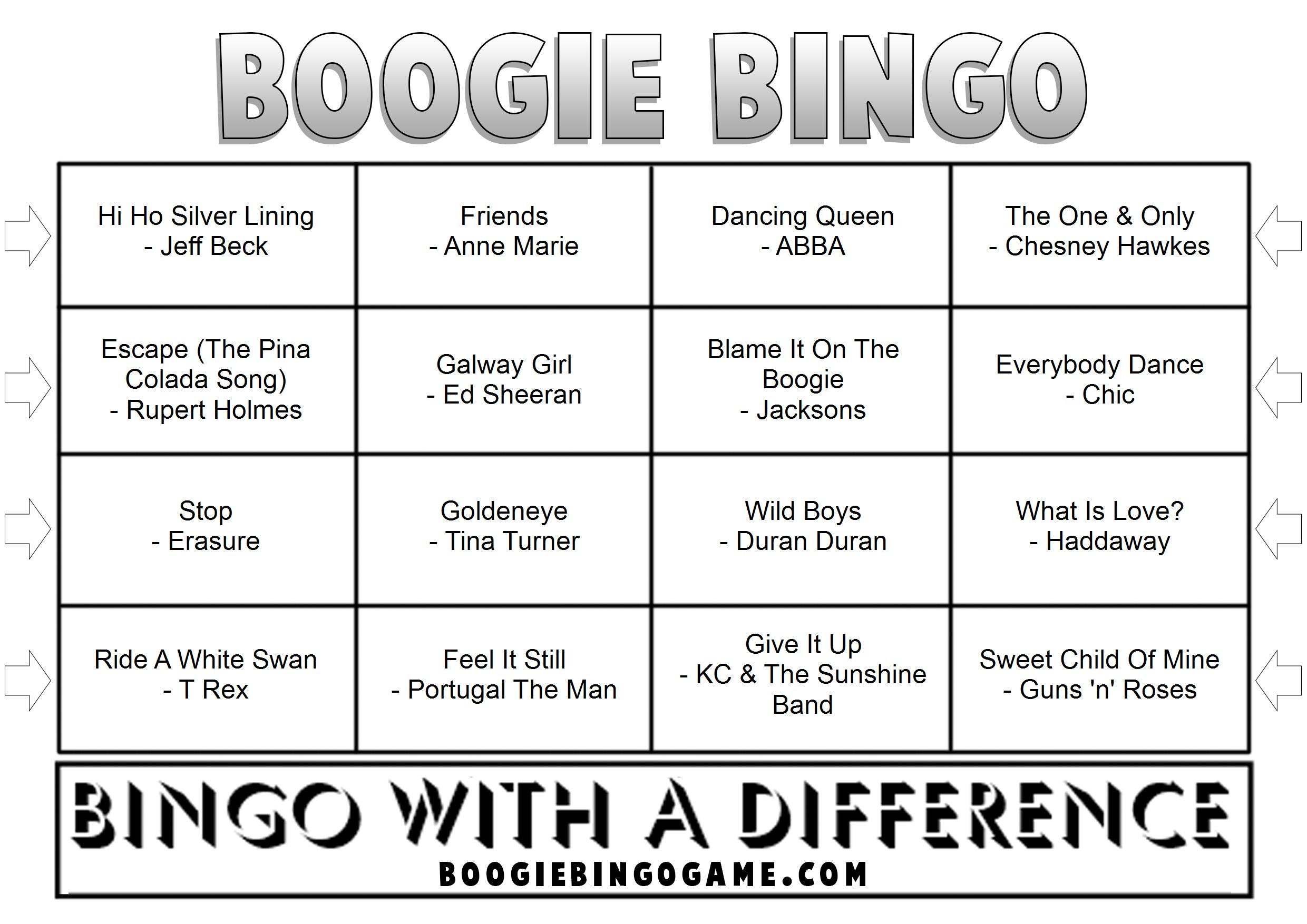 Example Game 15 Boogie Bingo card with music hits