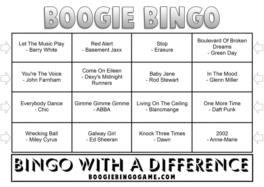 Example Game 11 Boogie Bingo card with music hits