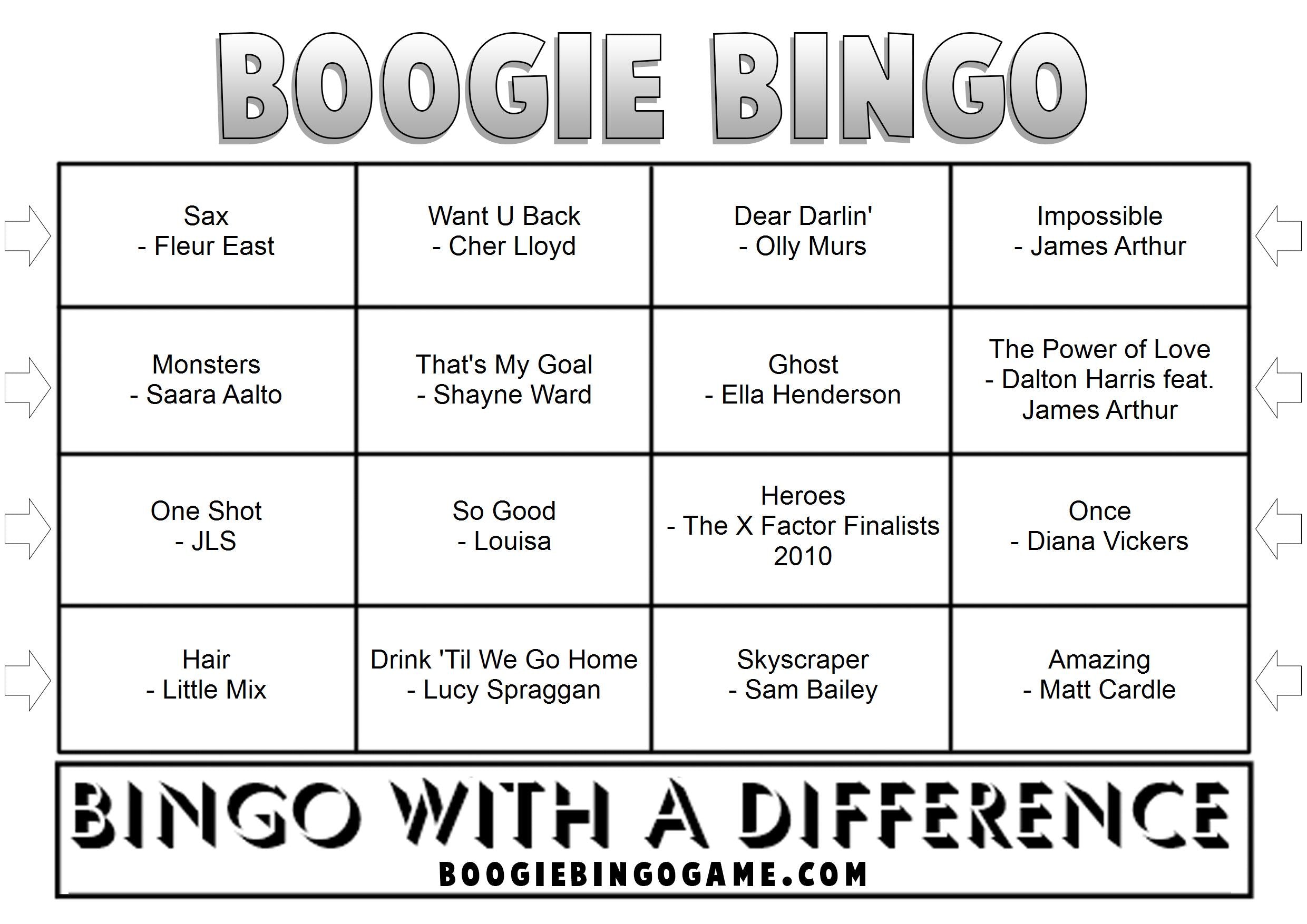 Game 52 | X-Factor Hits | Boogie Bingo | Printable Music Bingo Tickets