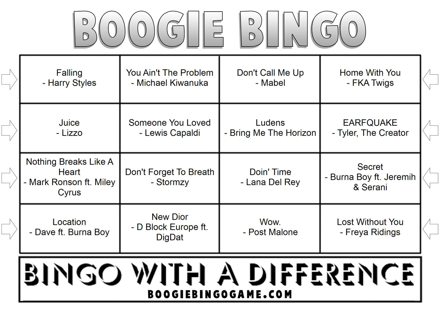 Game 45 | 2020 BRIT Awards | Boogie Bingo | Printable Music Bingo Tickets