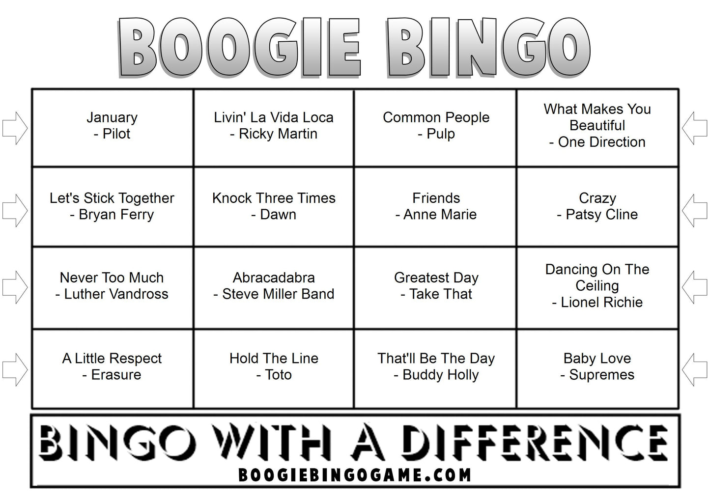Game 25 | Boogie Bingo | Printed Music Bingo Tickets