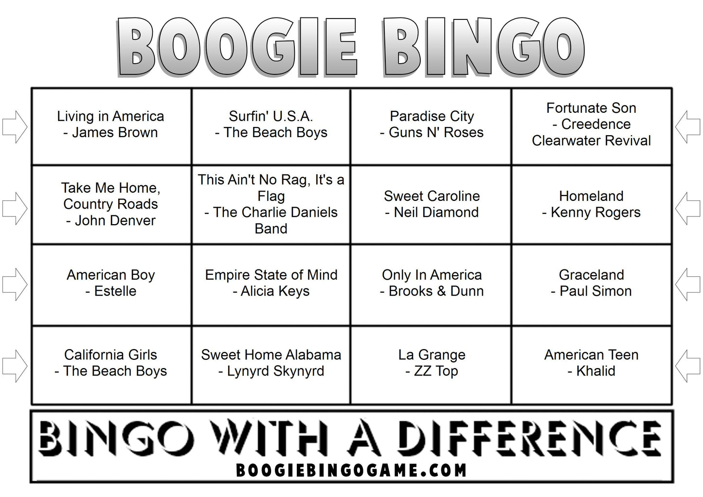 Game 54 | Independence Day | Boogie Bingo | Printable Music Bingo Tickets