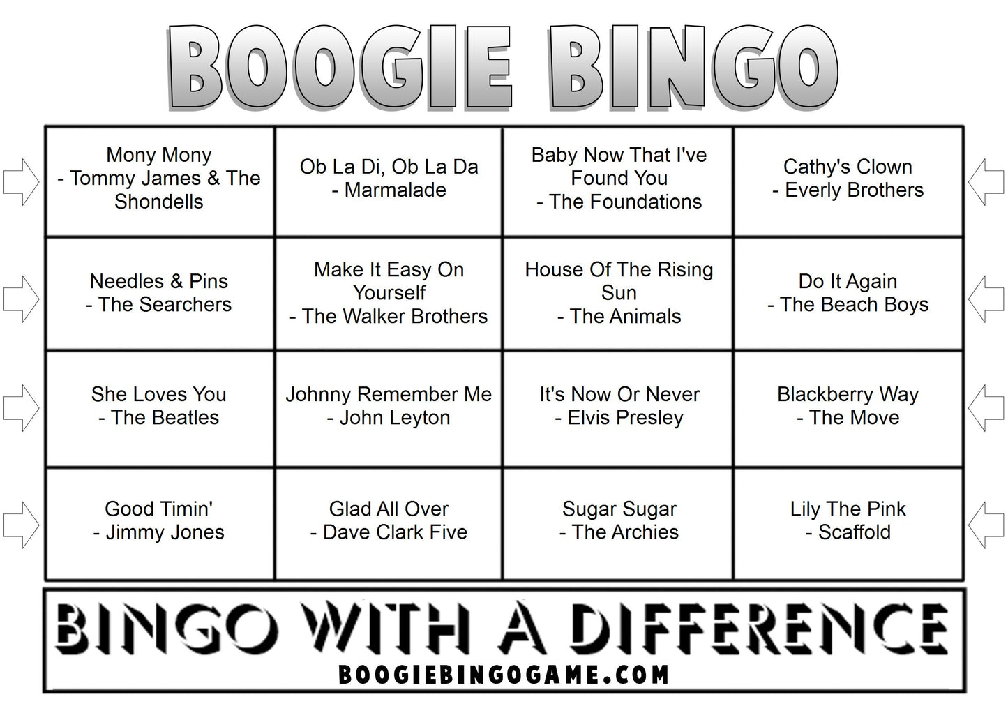 Game 35 | 60s Number Ones | Boogie Bingo | Printable Music Bingo Tickets