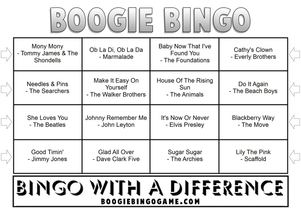 Example 60s Number Ones music bingo card with classic hits