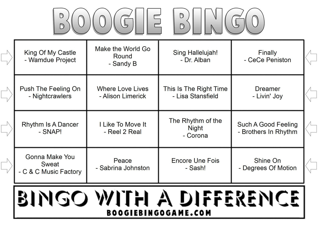 Dancefloor classics music bingo printable game with party anthems
