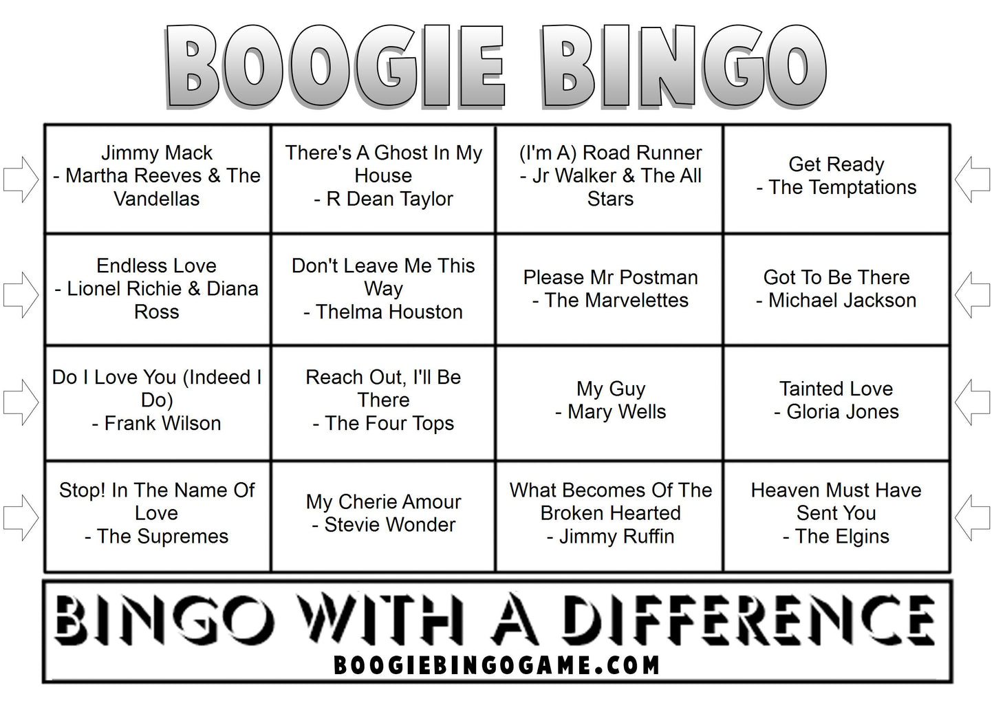 Game 43 | Motown Hits | Boogie Bingo | Printable Music Bingo Tickets