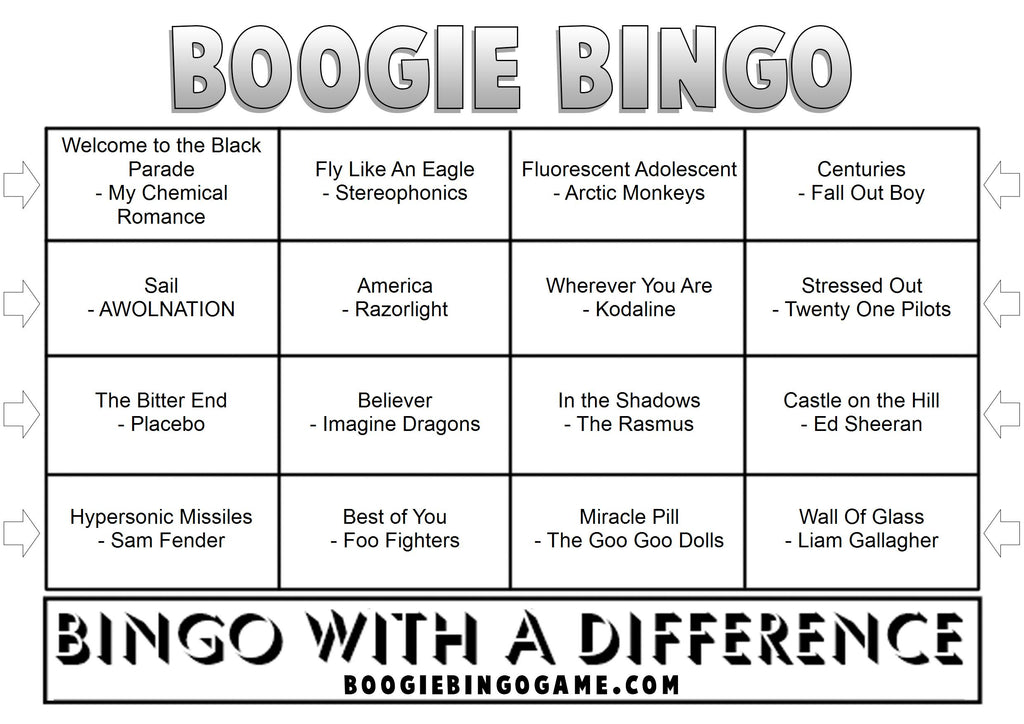 Game 50 | Modern Rock | Boogie Bingo | Printable Music Bingo Tickets