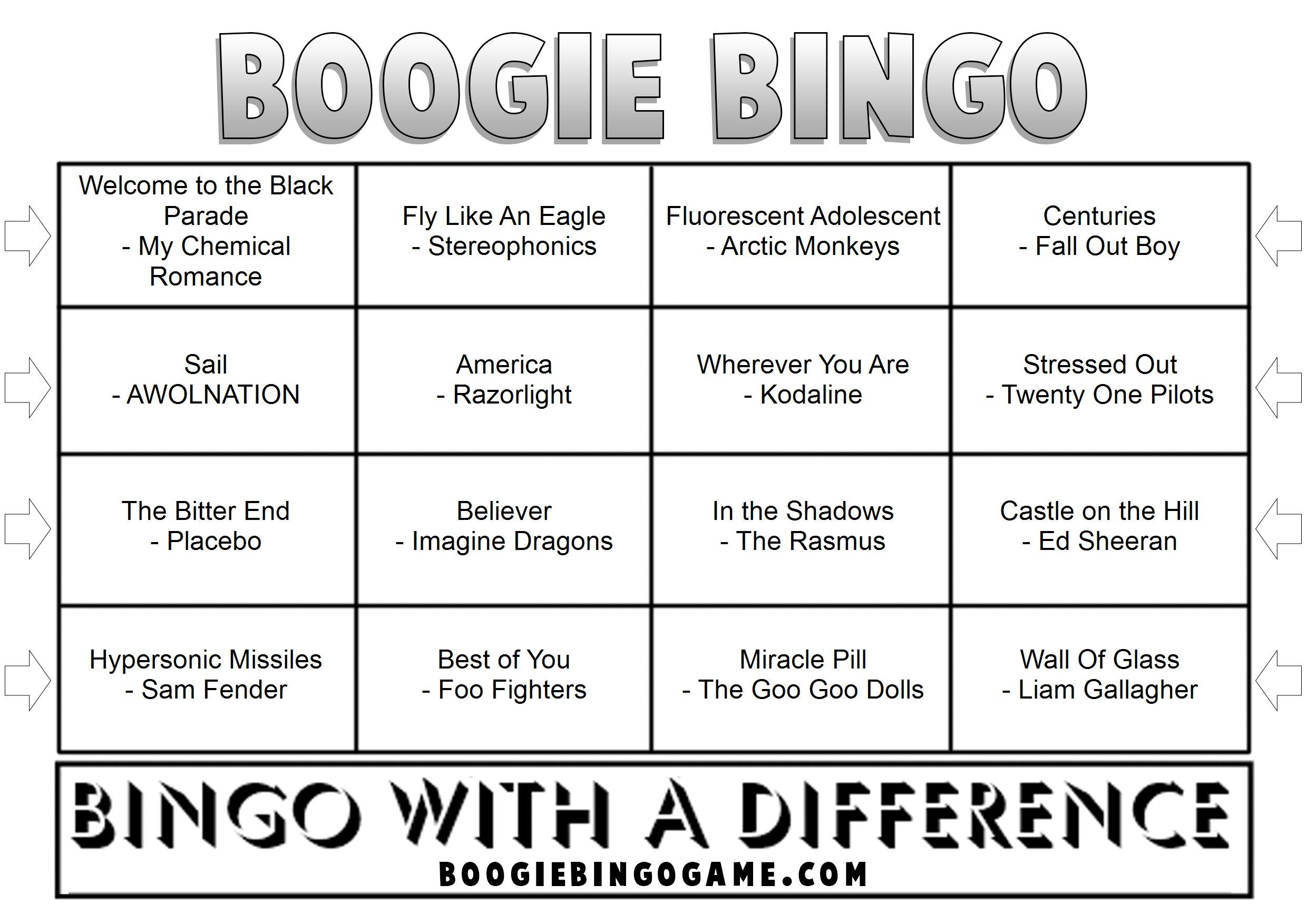 Game 50 | Modern Rock | Boogie Bingo | Printable Music Bingo Tickets