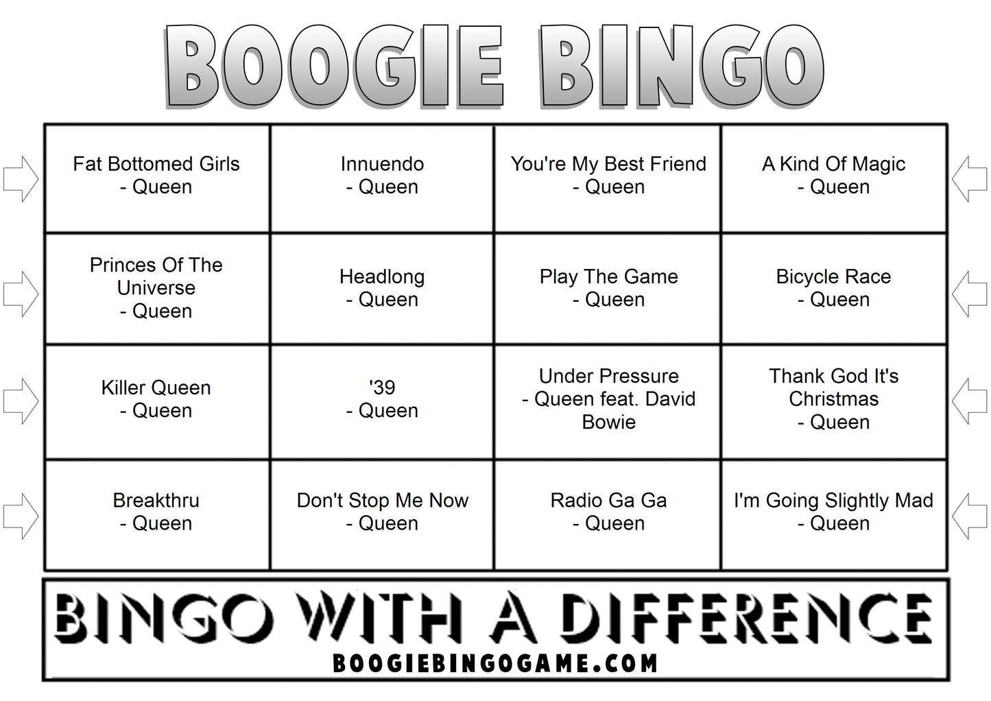 Game 64 | Queen Hits | Boogie Bingo | Printable Music Bingo Tickets