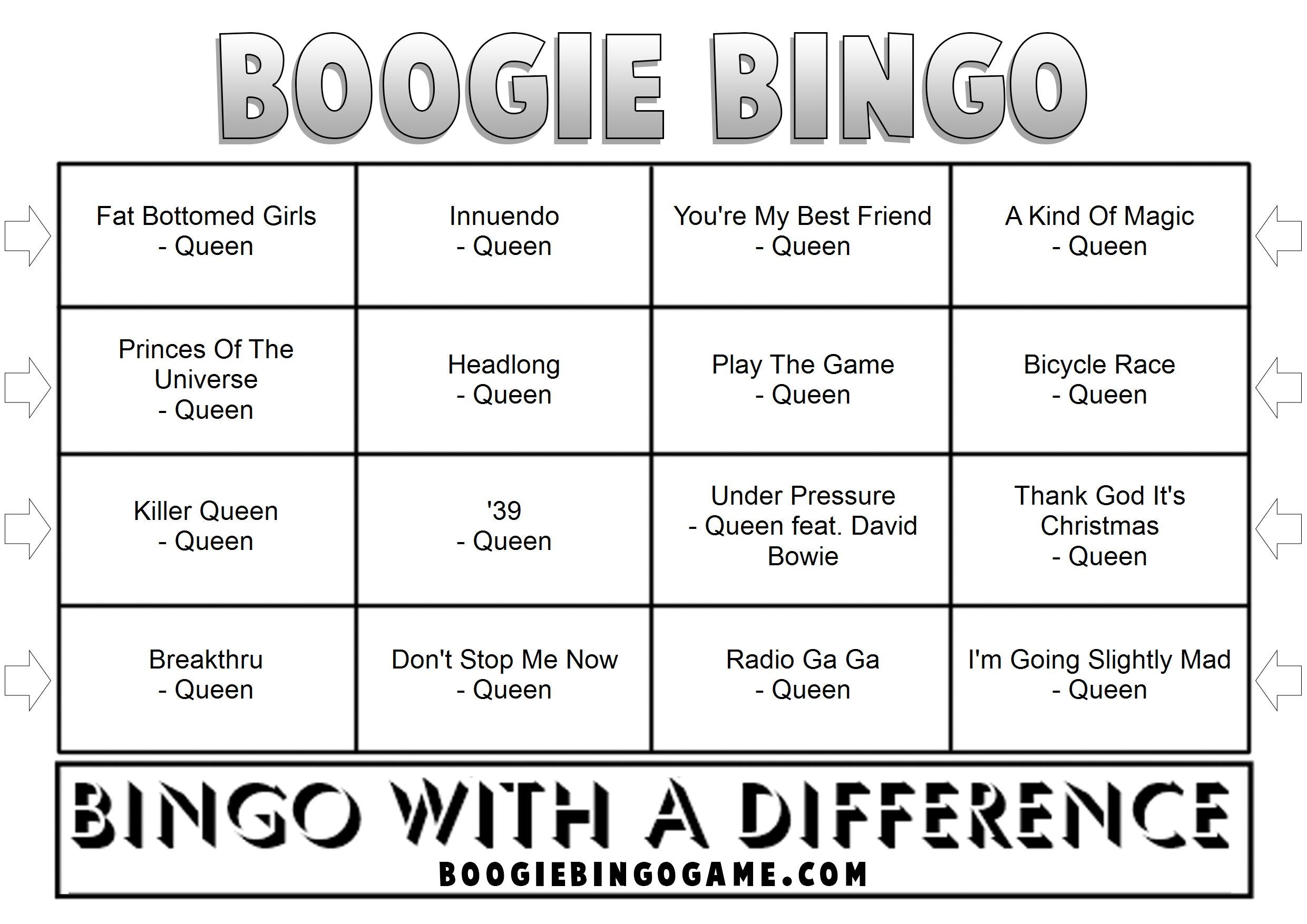 Game 64 | Queen Hits | Boogie Bingo | Printable Music Bingo Tickets