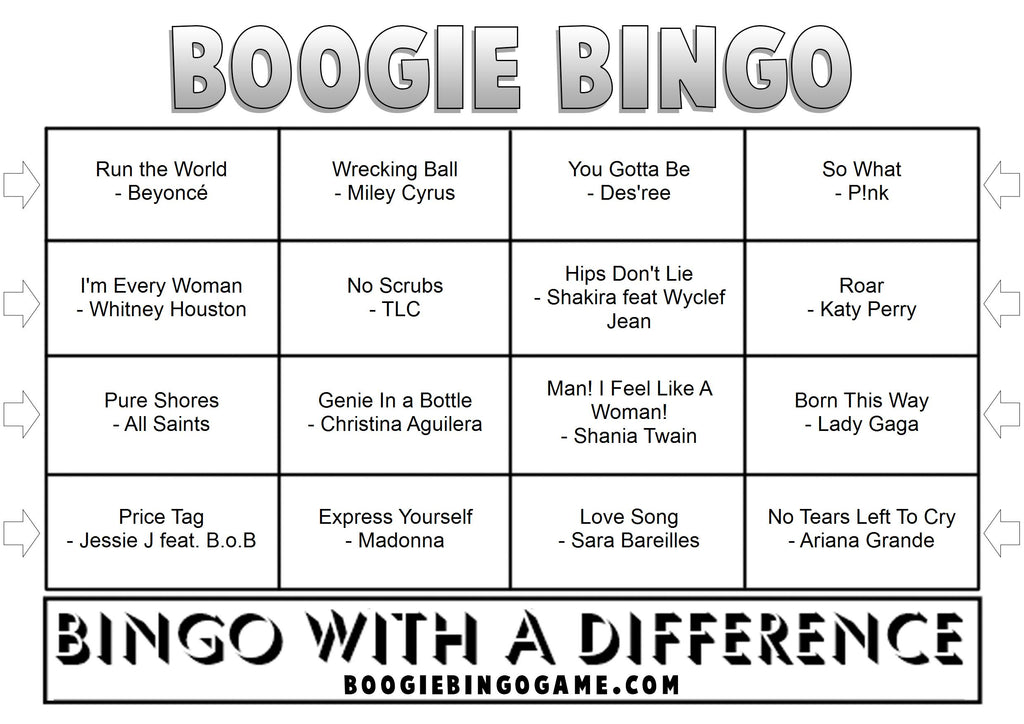 Example Girl Power music bingo card with female artist songs
