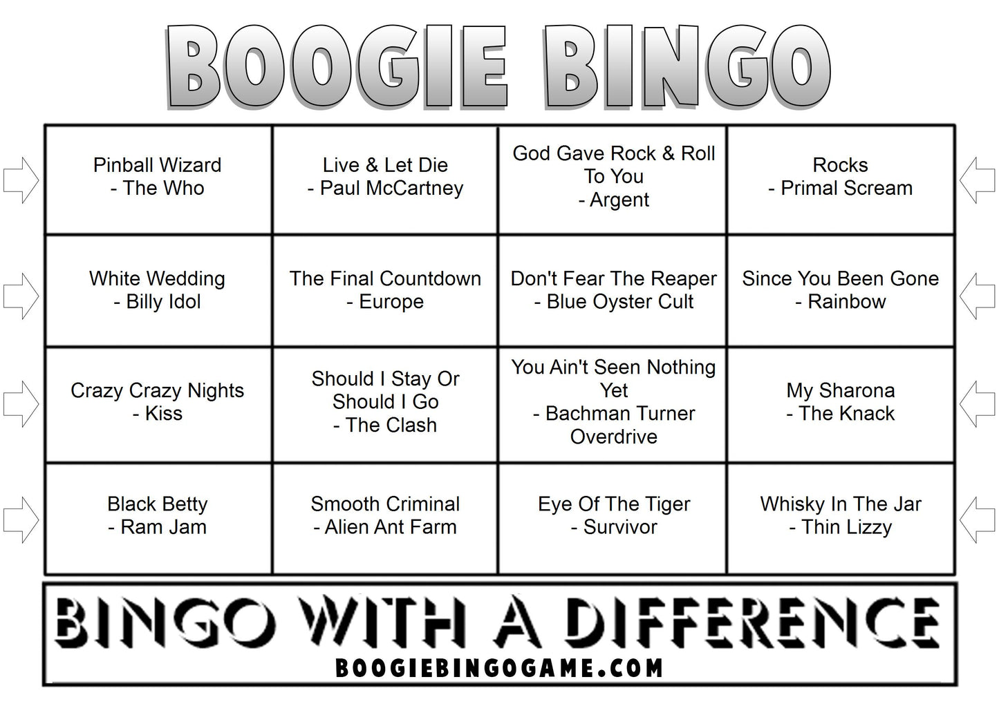 Game 8 | Rock Hits | Boogie Bingo | Printable Music Bingo Tickets