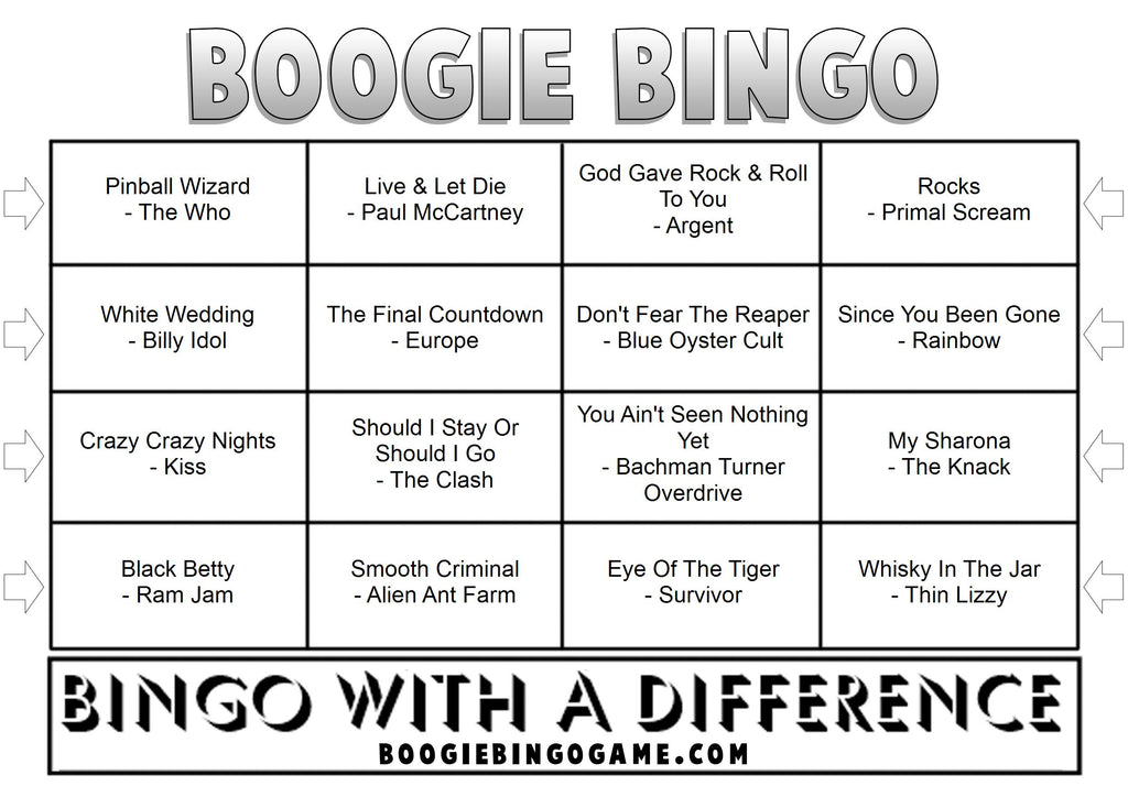 Example Let's Rock music bingo card with guitar legends