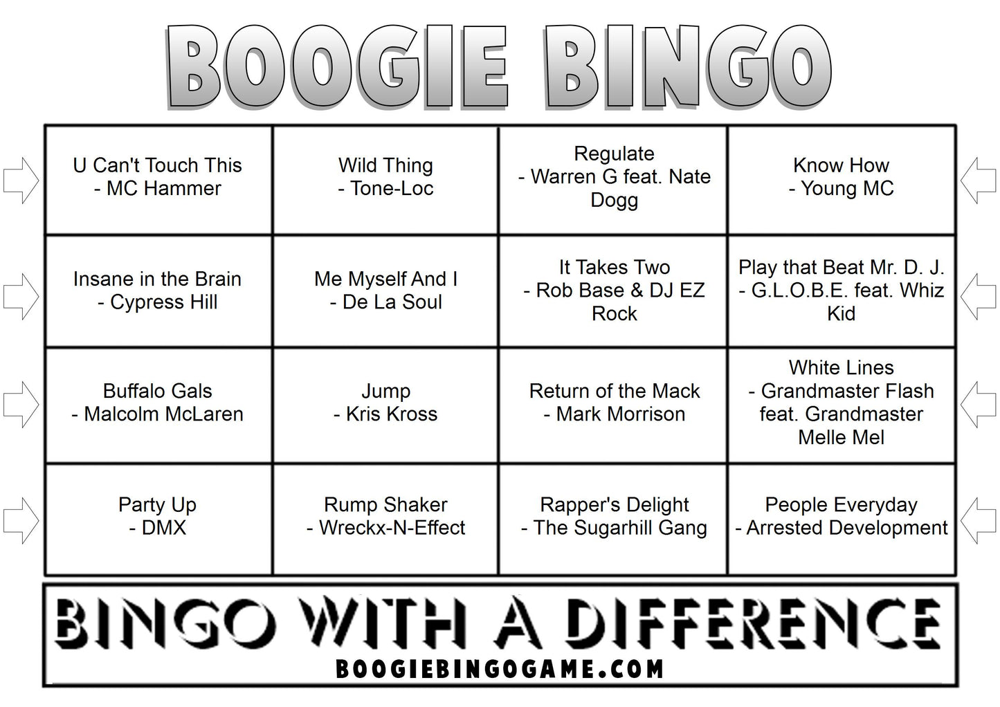 Game 56 | Hip Hop Hits | Boogie Bingo | Printed Music Bingo Tickets