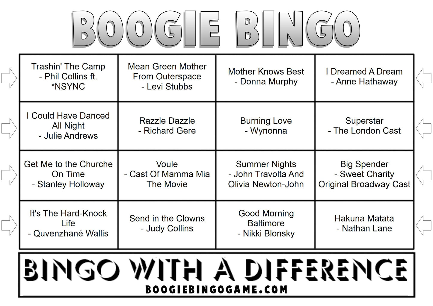 Game 61 | Musicals | Boogie Bingo | Printed Music Bingo Tickets