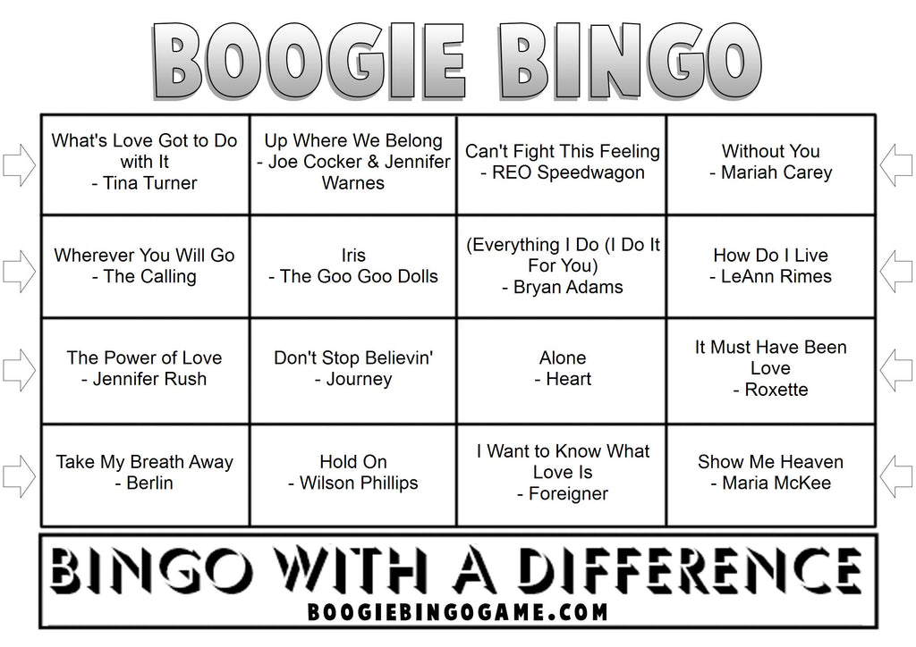 Game 65 | Power Ballads | Boogie Bingo | Printable Music Bingo Tickets