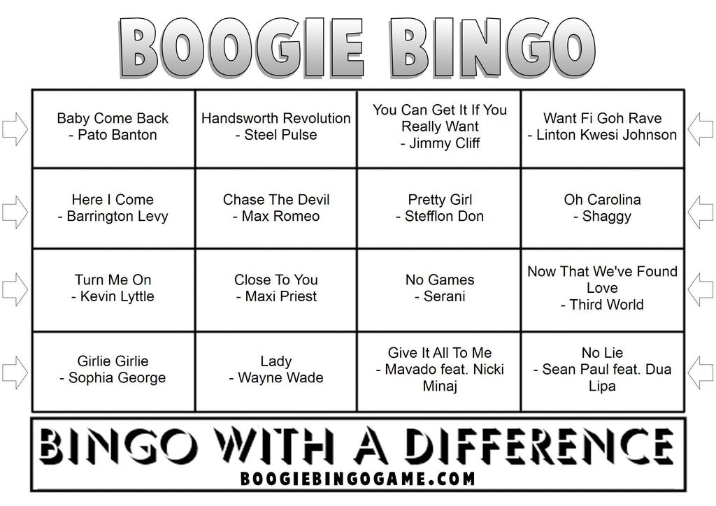 Game 70 | Reggae Reggae | Boogie Bingo | Printable Music Bingo Tickets