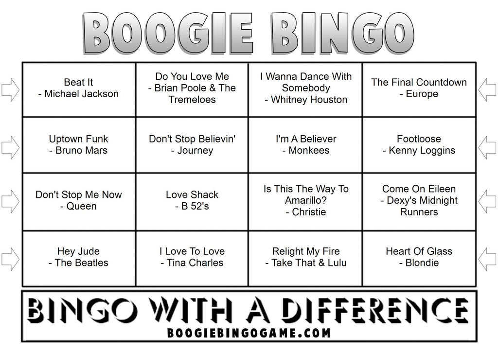Example Sing-A-Long Classics music bingo card with karaoke hits