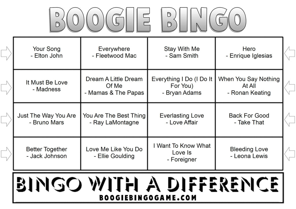 Example Valentine's Day music bingo card with love songs
