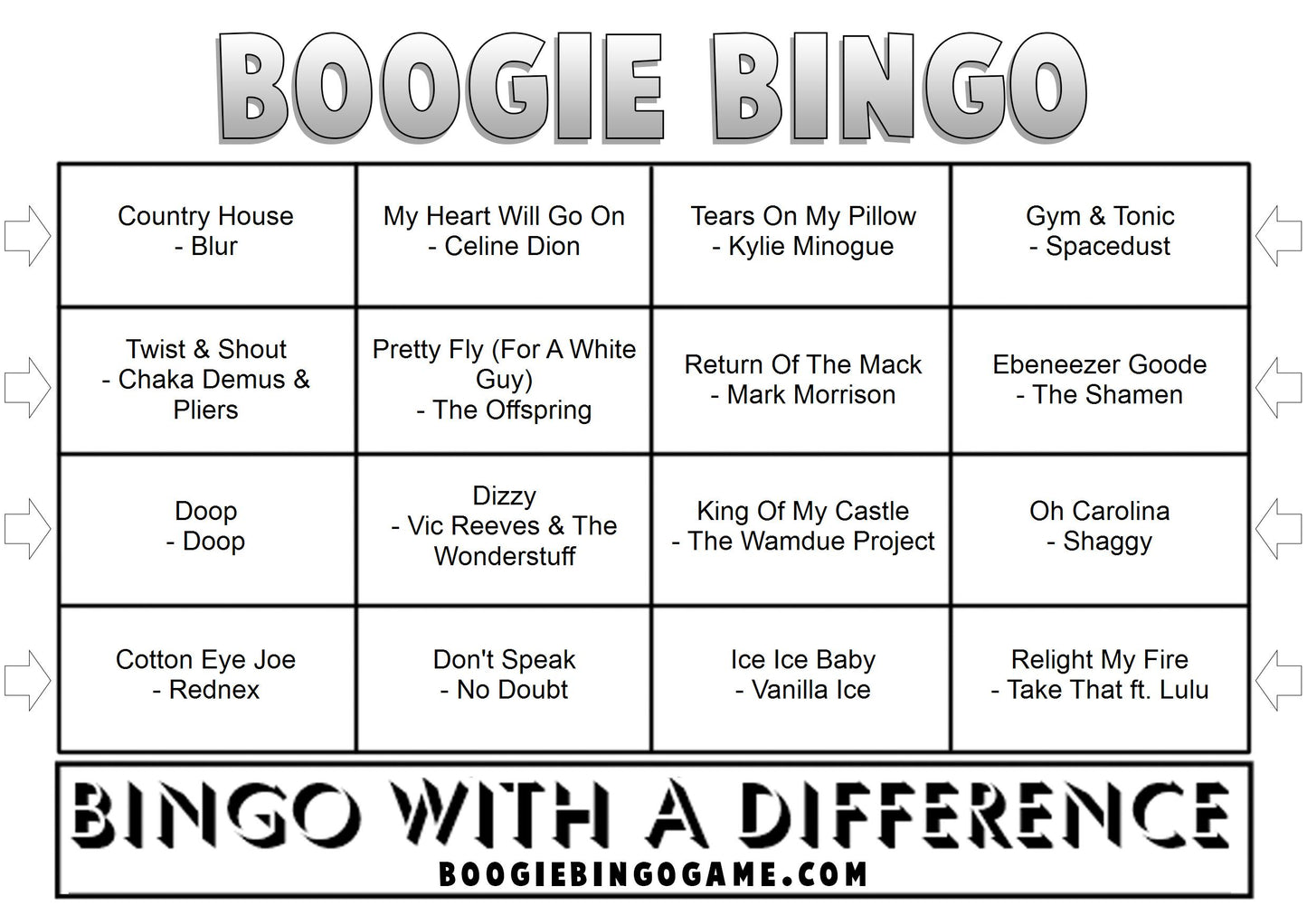 Game 39 | 90s Number Ones | Boogie Bingo | Printed Music Bingo Tickets