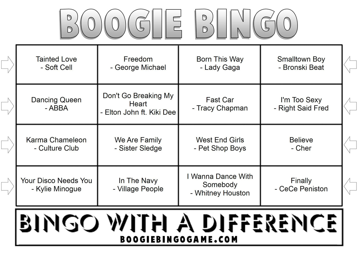 Game 41 | Pride Hits | Boogie Bingo | Printed Music Bingo Tickets