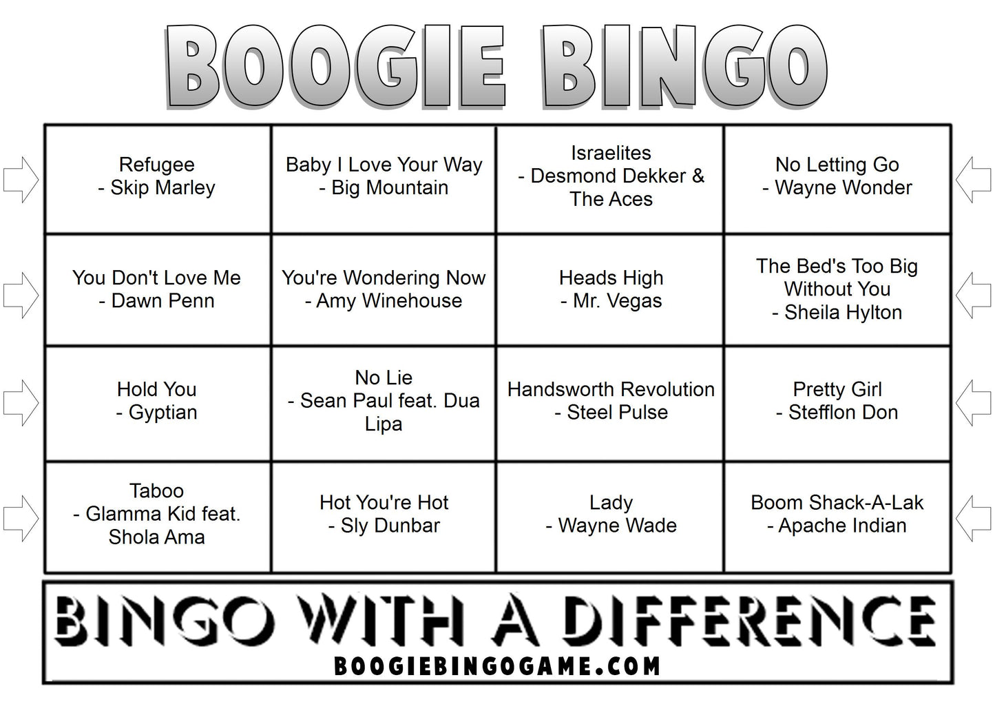 Game 70 | Reggae Reggae | Boogie Bingo | Printed Music Bingo Tickets