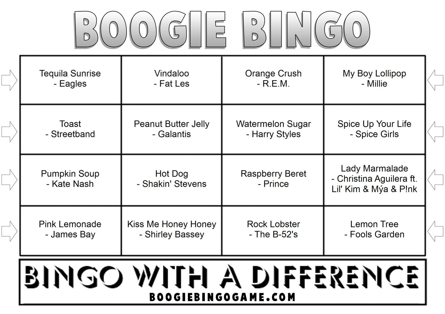 Game 83 | Food And Drink | Boogie Bingo | Printed Music Bingo Tickets