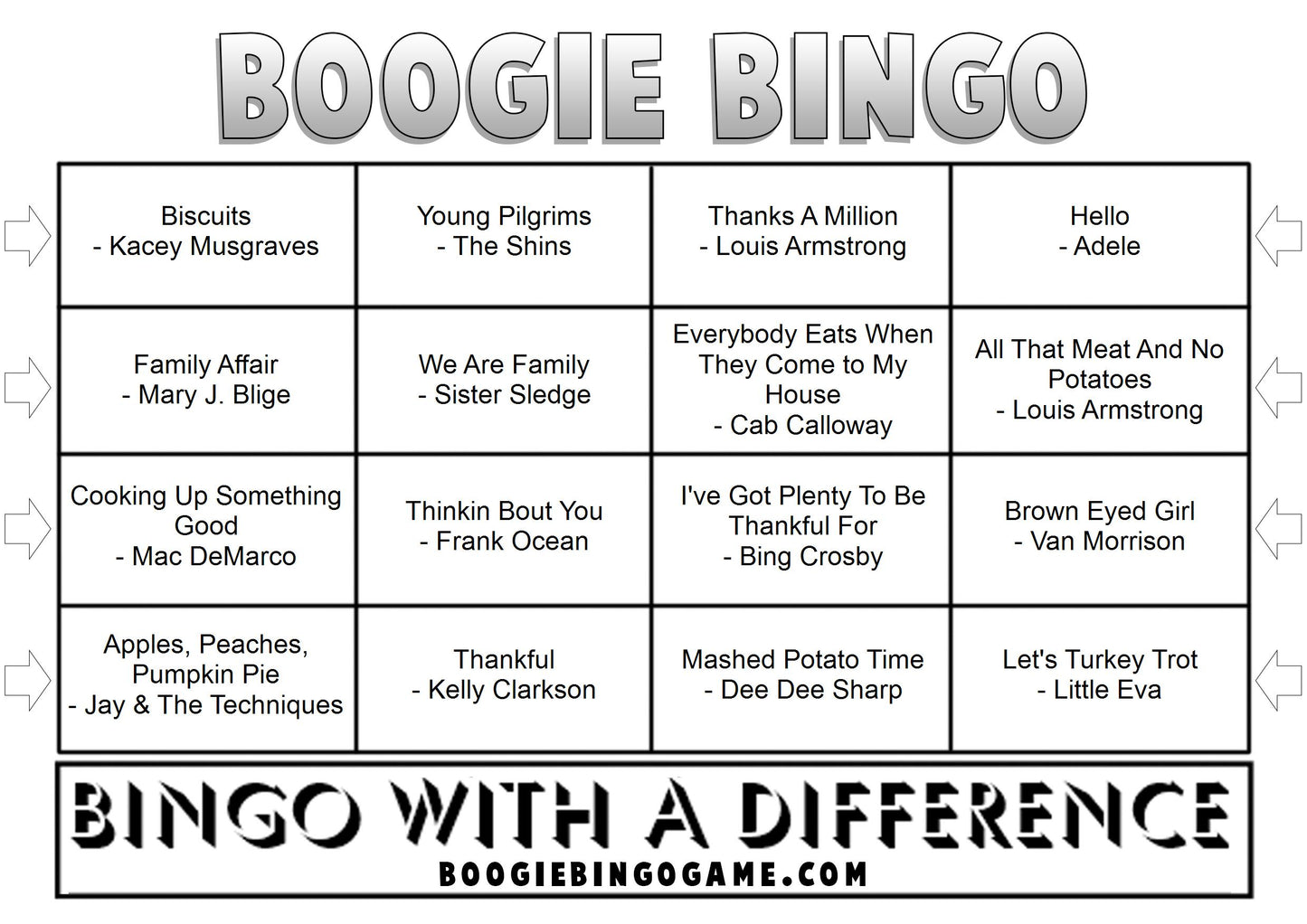 Game 74 | Thanksgiving | Boogie Bingo | Printed Music Bingo Tickets