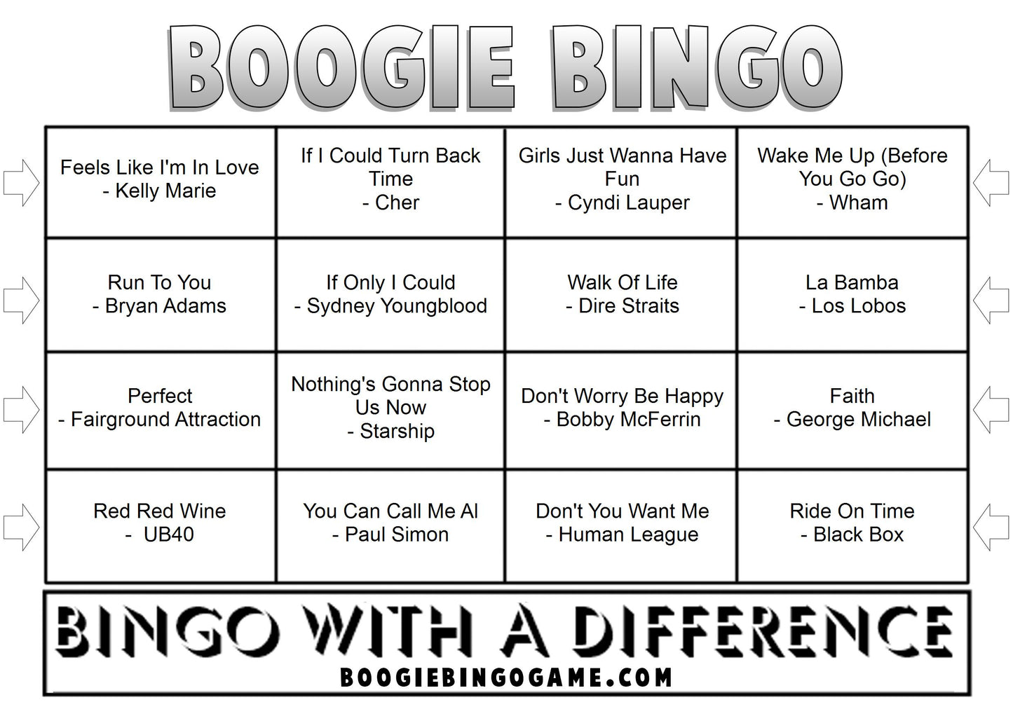 Game 12 | 80s Hits | Boogie Bingo | Printable Music Bingo Tickets