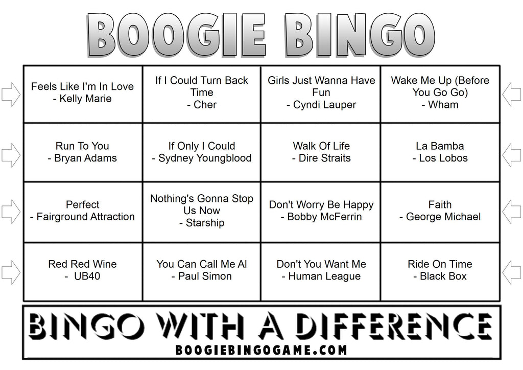 Example 80s music bingo card with synth pop songs