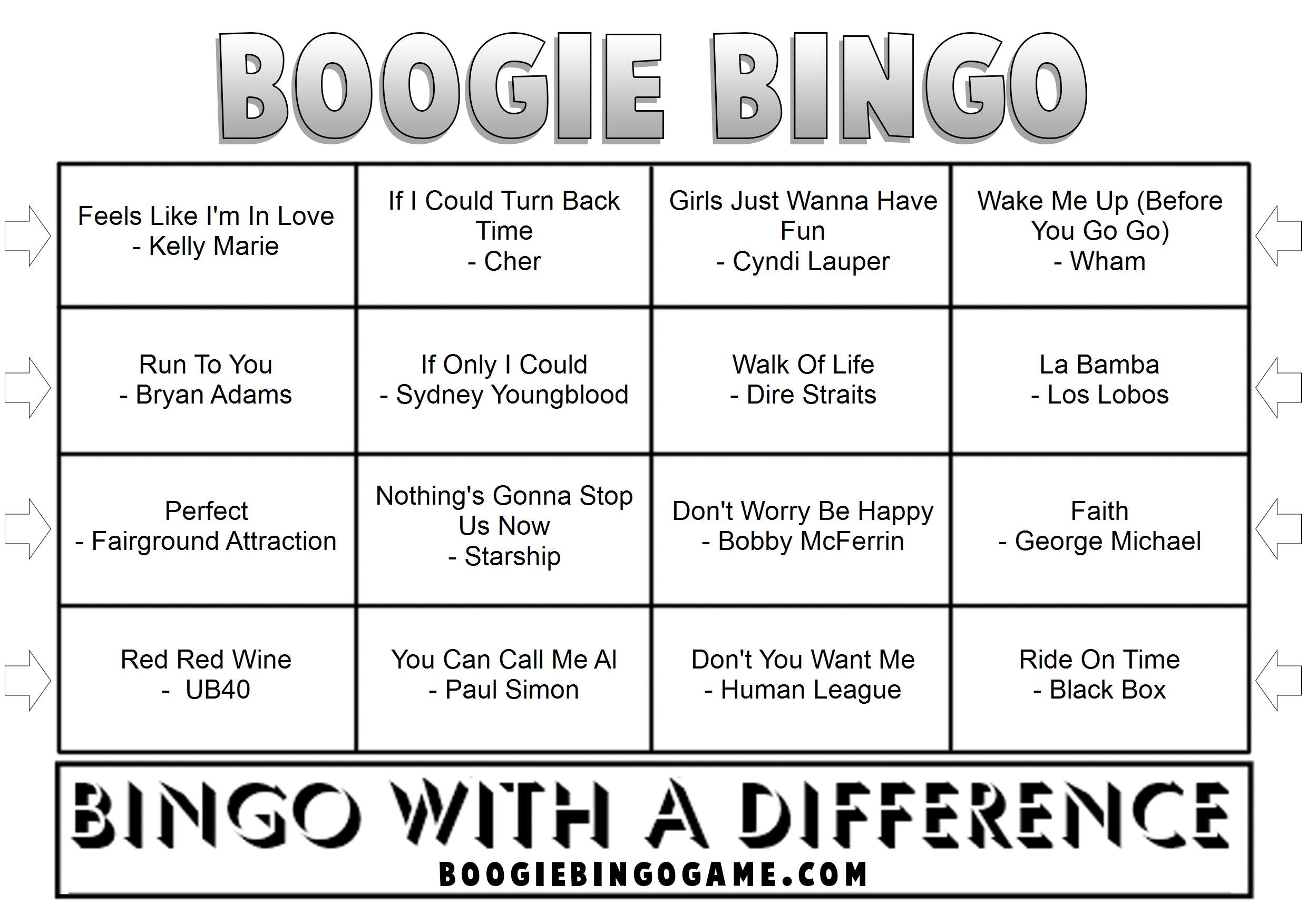 Example 80s music bingo card with synth pop songs