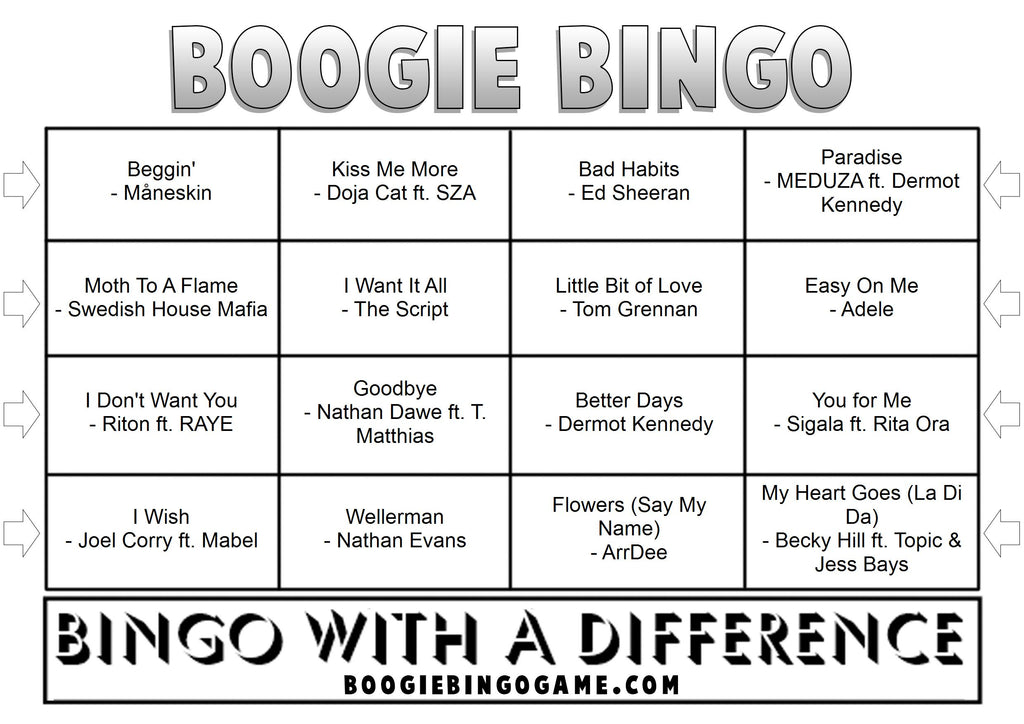 Example 2021 music bingo card with annual hits